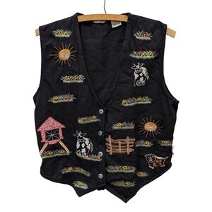 Vintage Women's‎ Novelty Farm Cow Embroidered Cotton Vest Black Cottage- M
